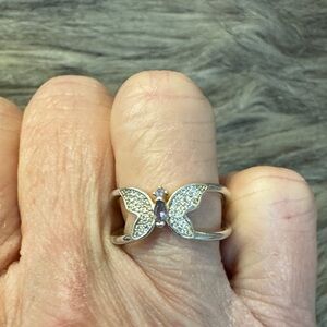 PRICE FIRM Silver Butterfly Ring with Purple Stone Accent